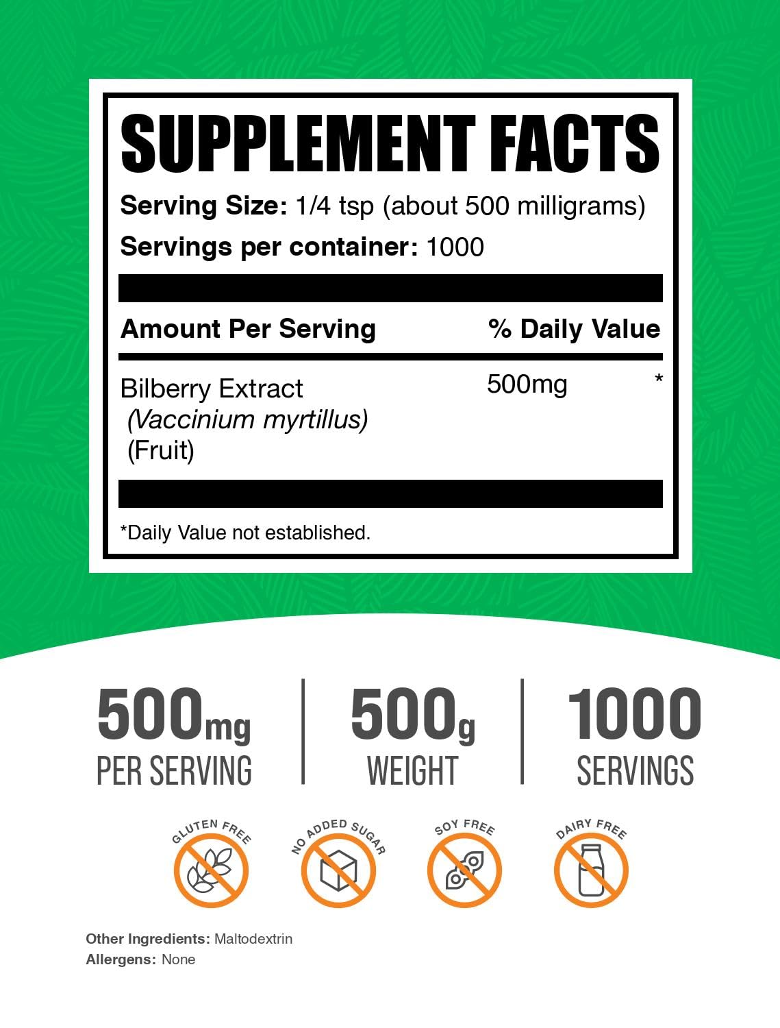 BulkSupplements Bilberry Extract Powder, emballage 500 g pratique à stocker.