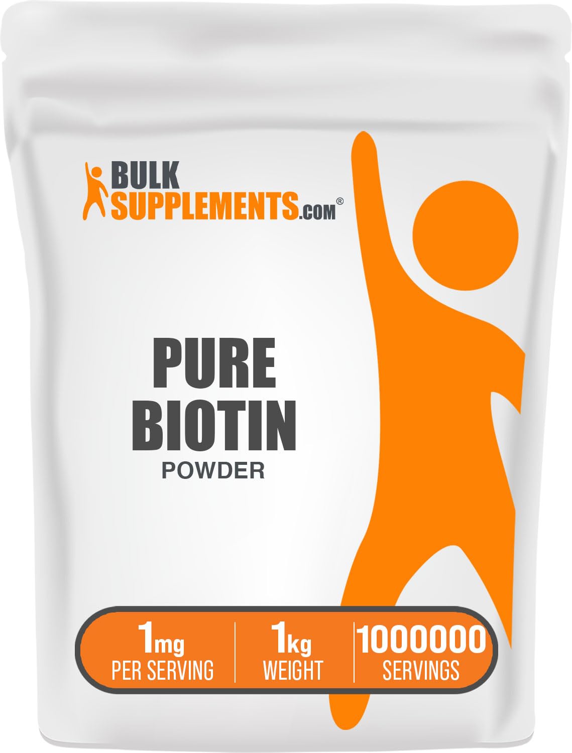 Biotine BulkSupplements en poudre dans emballage 1 kg pour cheveux et ongles.