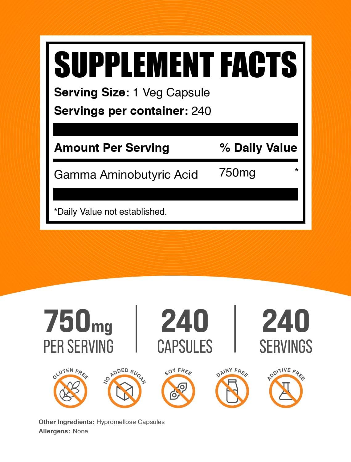 Bulksupplements GABA 240 capsules, bouteille facile à ranger.