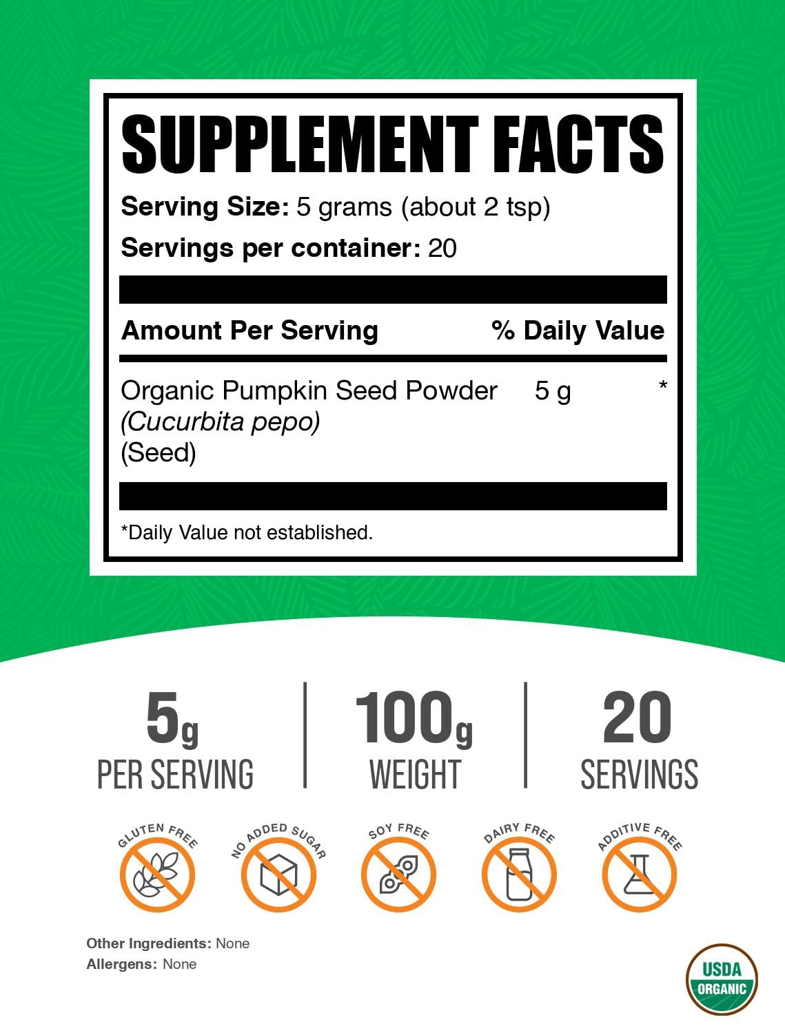 BulkSupplements Bouteille Poudre Graines Courge Bio, idéale pour des boissons quotidiennes.