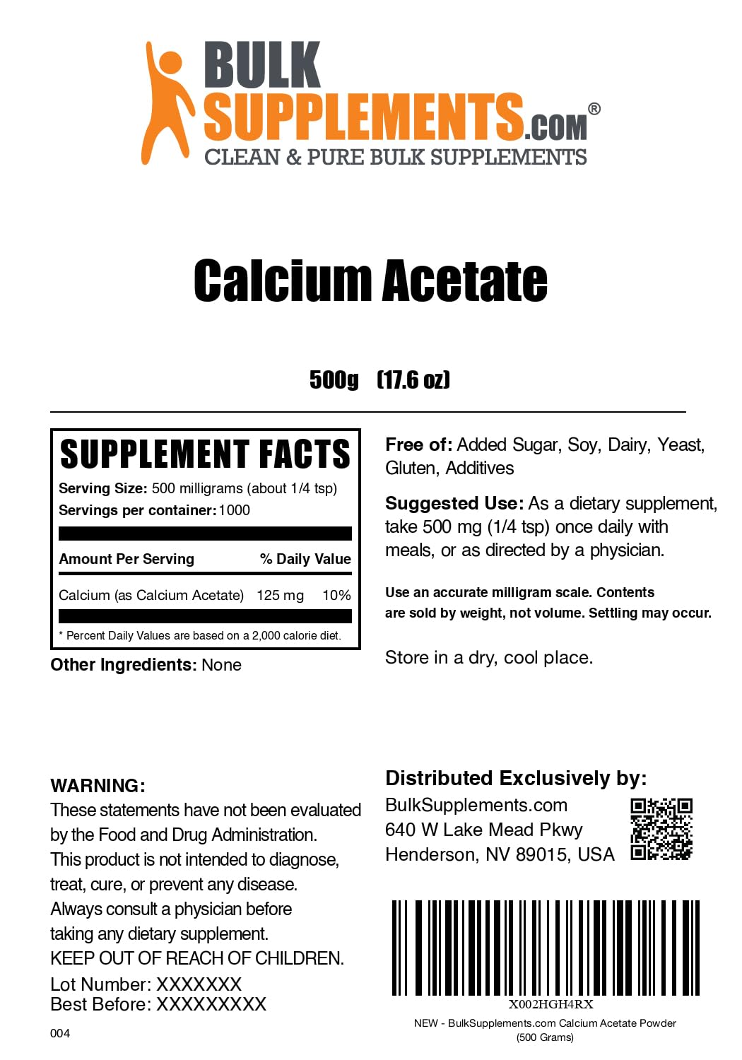 Contrôles qualité et laboratoire tiers vérifiant BulkSupplements Calcium Acetate poudre.