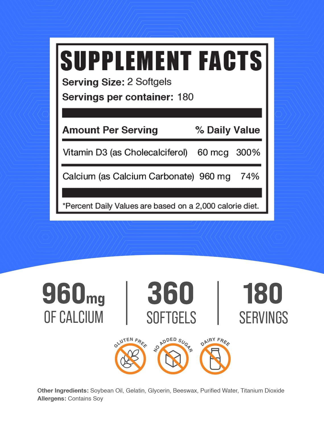 Gélules fournissant 960 mg de calcium et 60 mg de vitamine D3 par portion, pratiques.