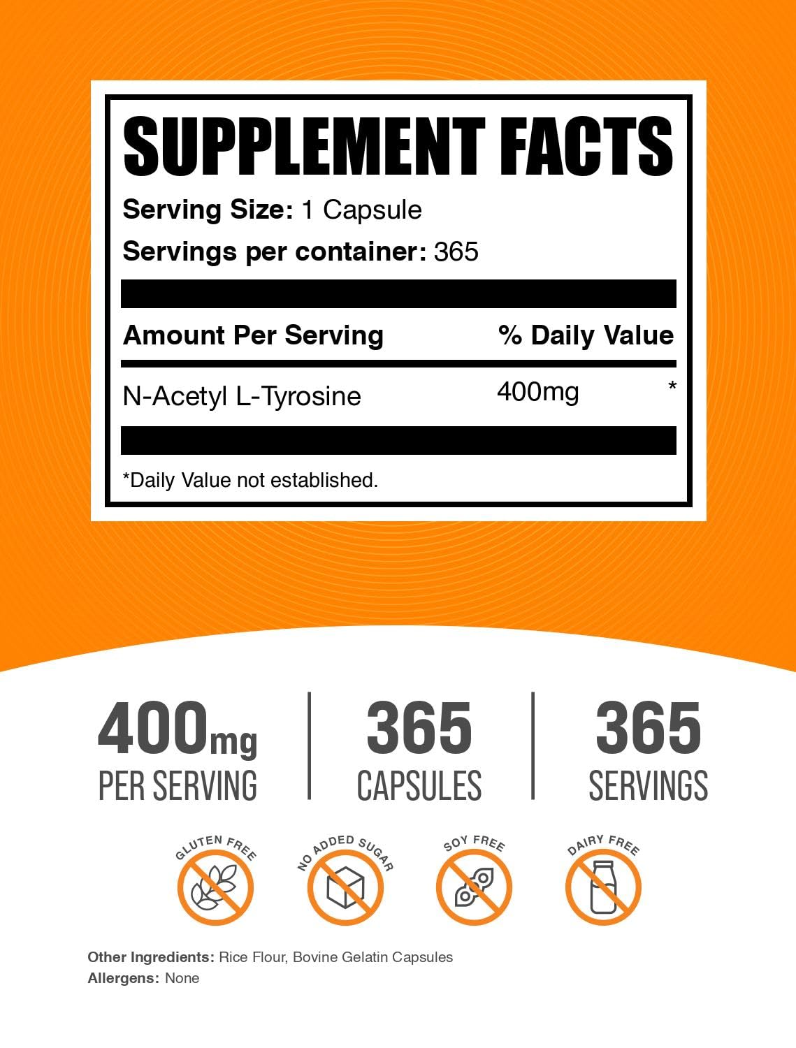 BulkSupplements N-acétyl-L-tyrosine, étiquette, meilleure traçabilité et transparence des ingrédients.
