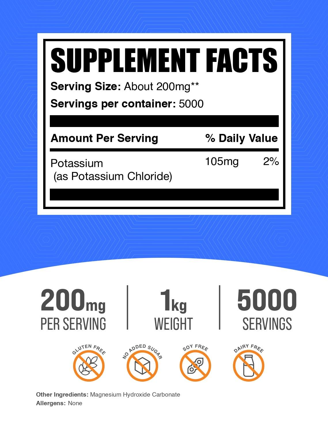 Bulksupplements Chlorure de potassium – hydratation quotidienne avec potassium, sans gluten