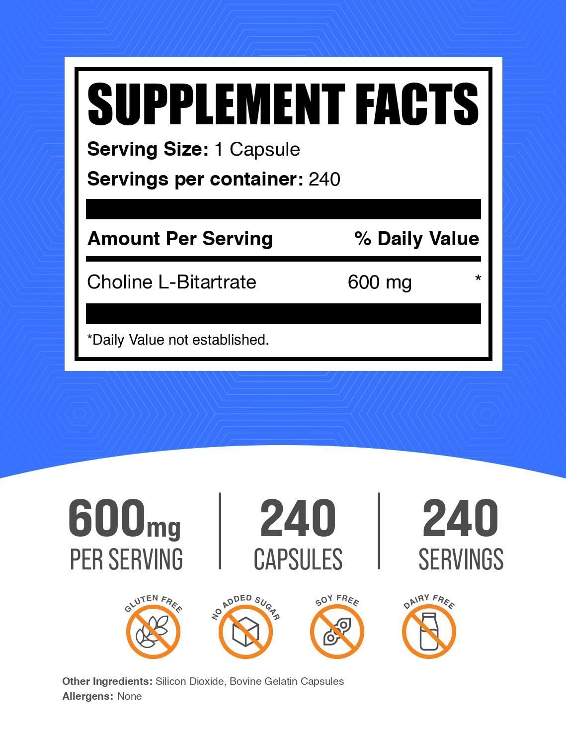 BulkSupplements Choline Bitartrate, gélules simples à prendre, soutien quotidien en apport.