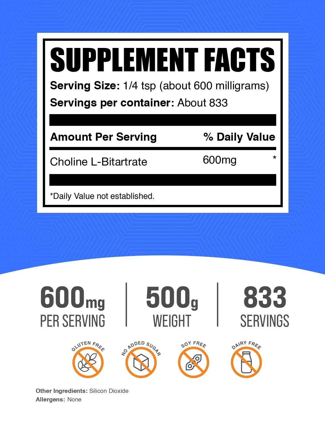 BulkSupplements Choline Bitartrate, poudre, se mélange facilement dans l’eau du matin.