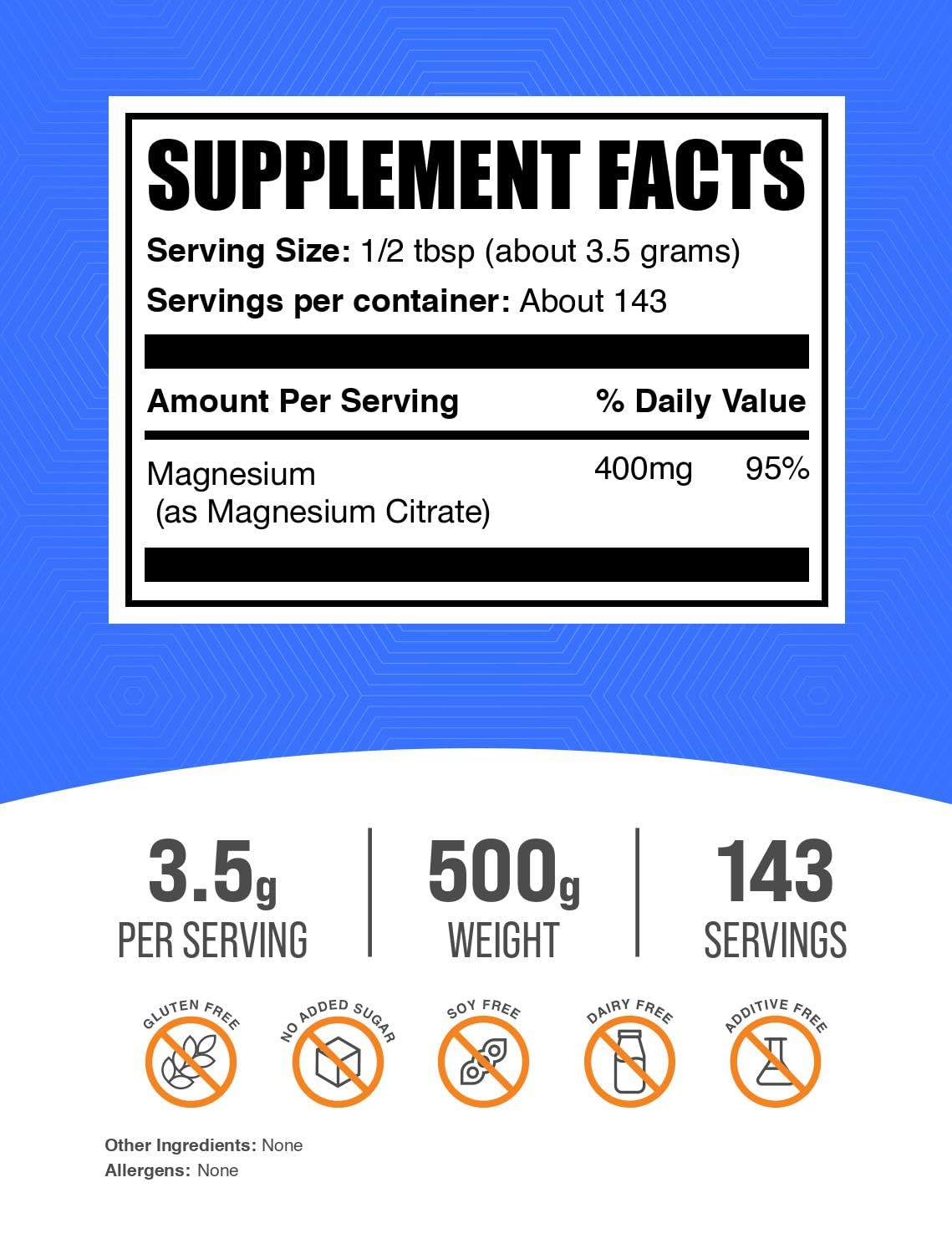 Dose 400 mg de Citrate de Magnésium Bulksupplements, facile à mesurer