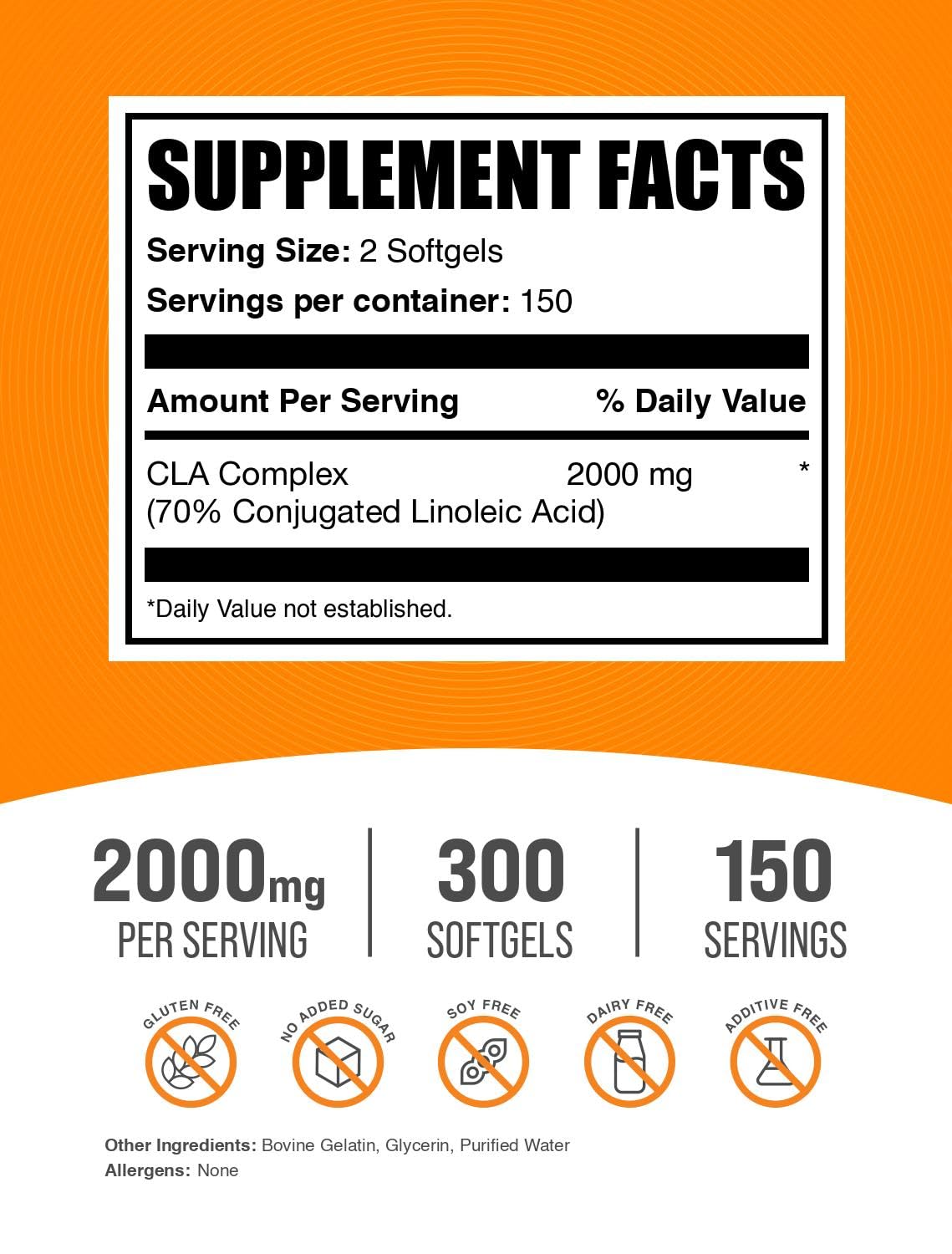 Bulksupplements CLA Softgels – Dosage 2000 mg par portion.