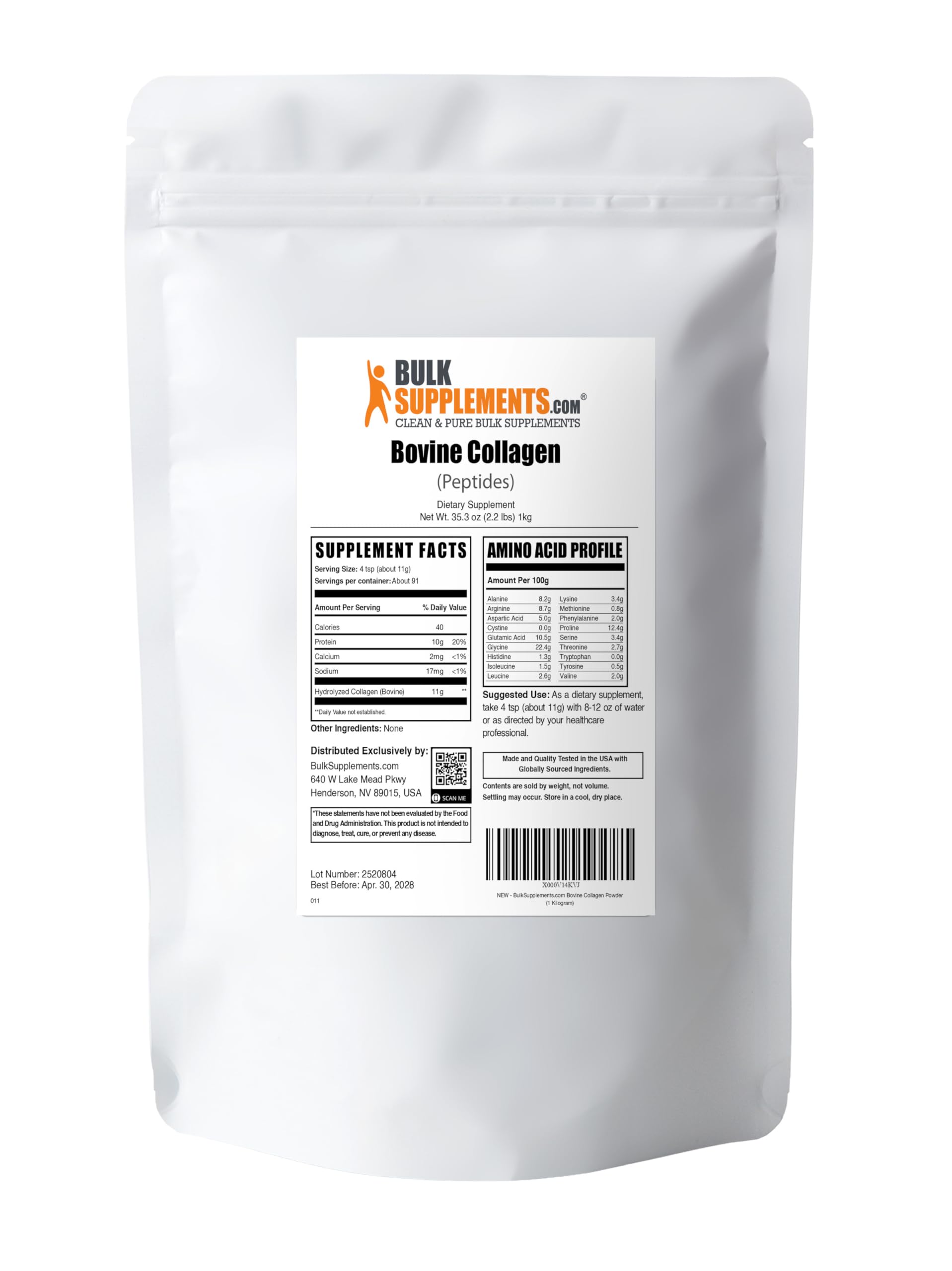 Bulksupplements Collagen Peptides emballage, conformité aux normes cGMP et contrôles.