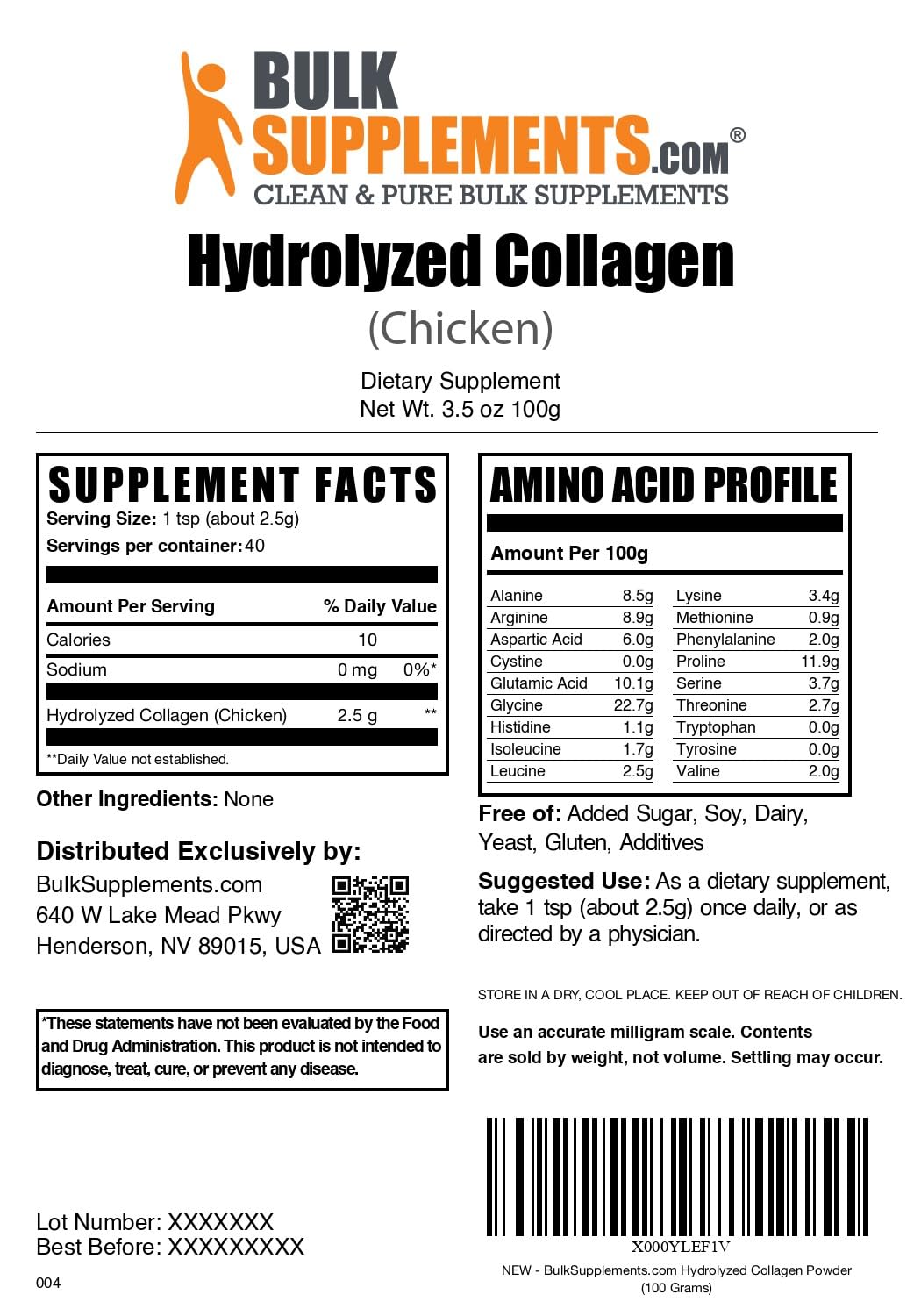 BulkSupplements Collagène de poulet poudre – sans gluten et sans allergènes majeurs.