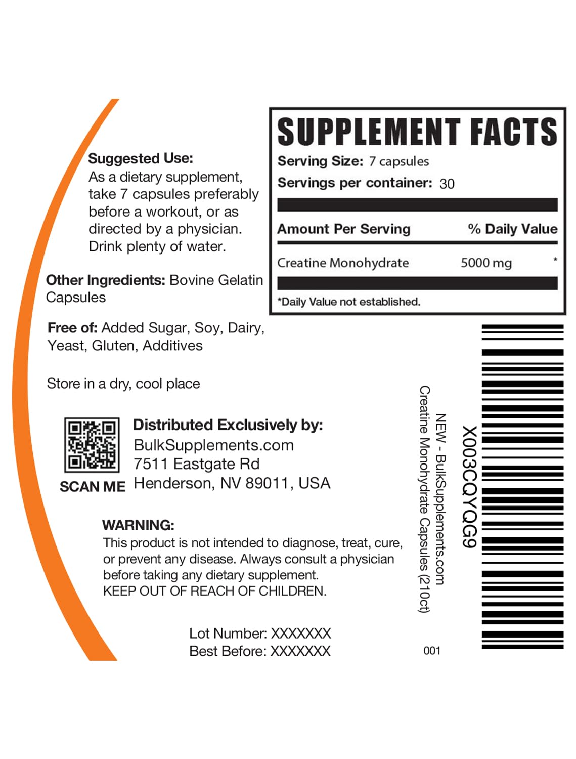 BulkSupplements Créatine Monohydrate Capsules, dosage 5000 mg par portion.