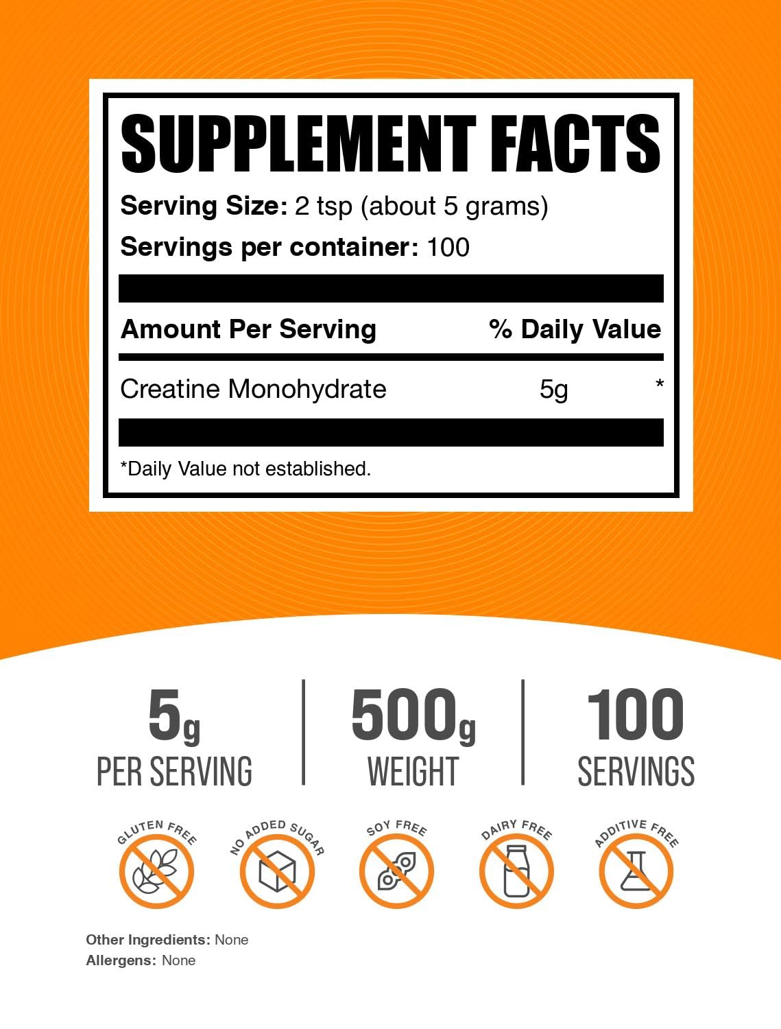 BulkSupplements Creatine Monohydrate: portion de 5 g par prise, soutien potentiel à l’entraînement