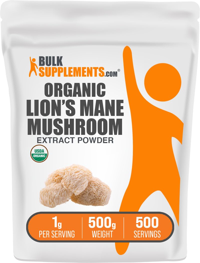 BulkSupplements crinière-de-lion extrait poudre bio — emballage pratique pour une dose quotidienne facile.