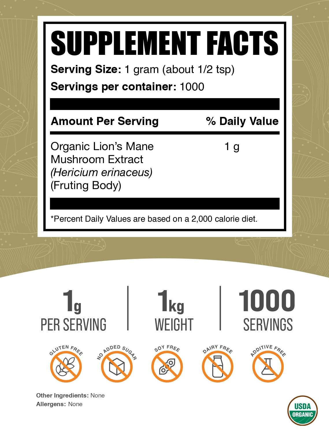 BulkSupplements criniere de lion - dose; mesure précise pour portions cohérentes.