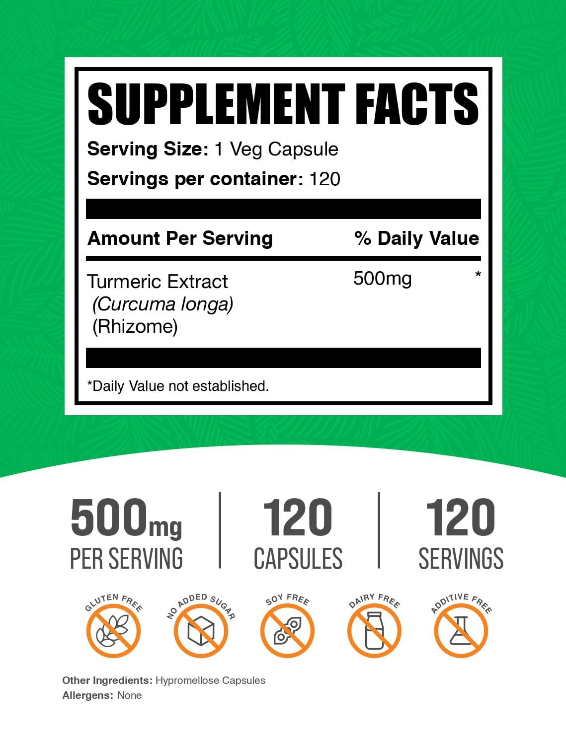 Bouteille Bulksupplements Curcumine Extrait 500 mg, 120 capsules, pratique.