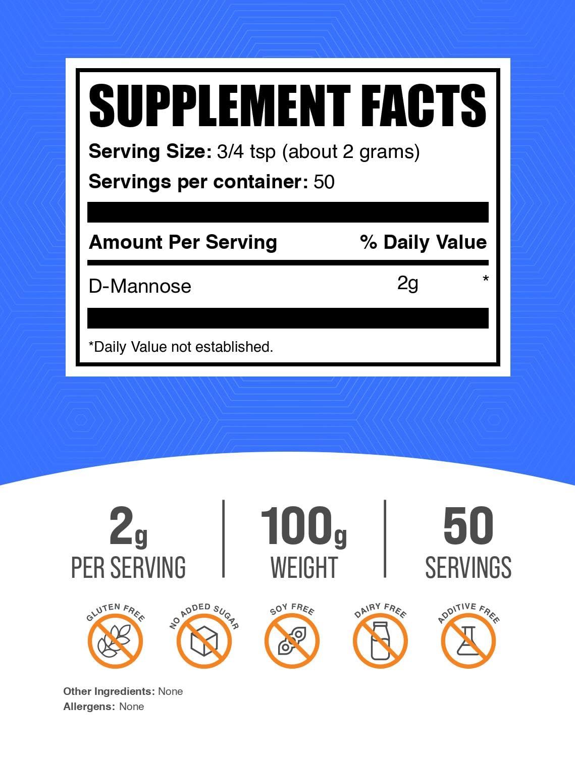Bulksupplements D-Mannose en poudre avec cuillère-dose, dosage facile pour votre routine.