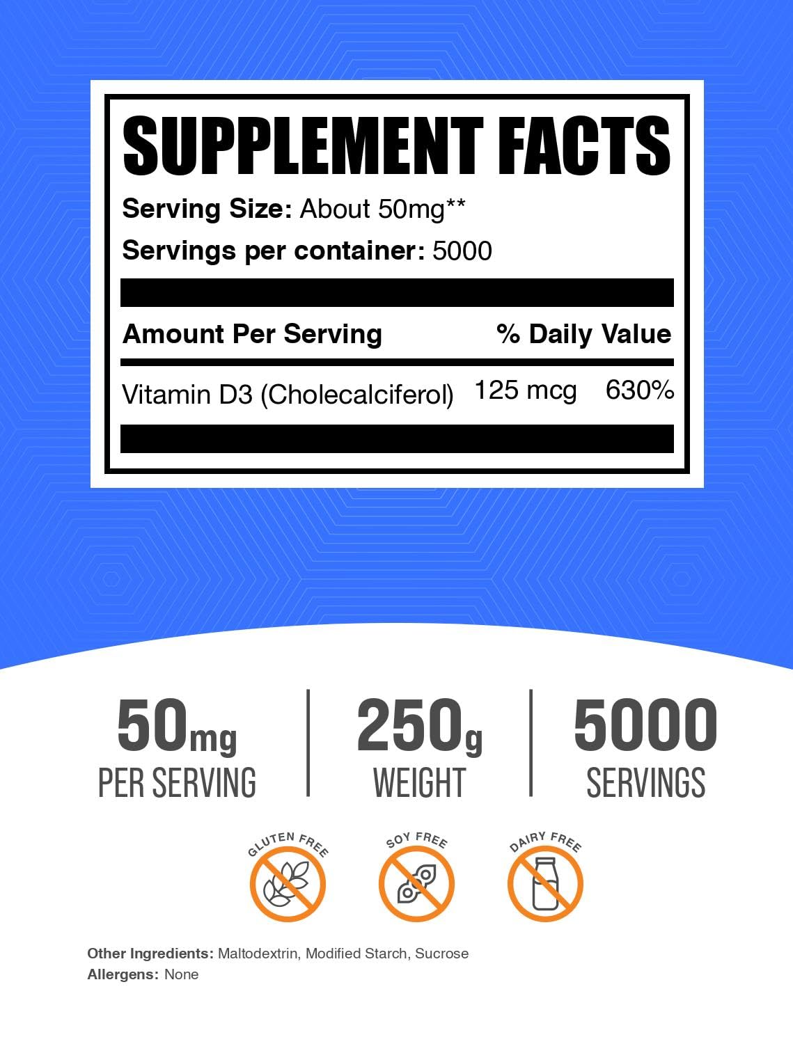 Bulksupplements Poudre D3 125mcg par portion, dosage précis pour votre routine.