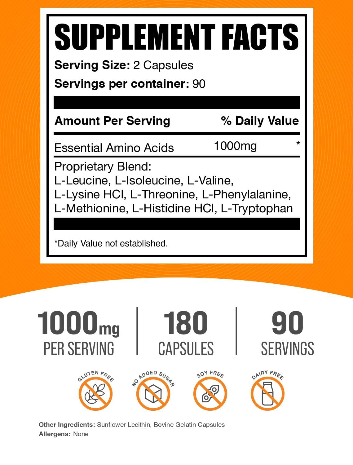 BulkSupplements EAA capsules – flacon plein montre des gélules d'acides aminés essentiels.