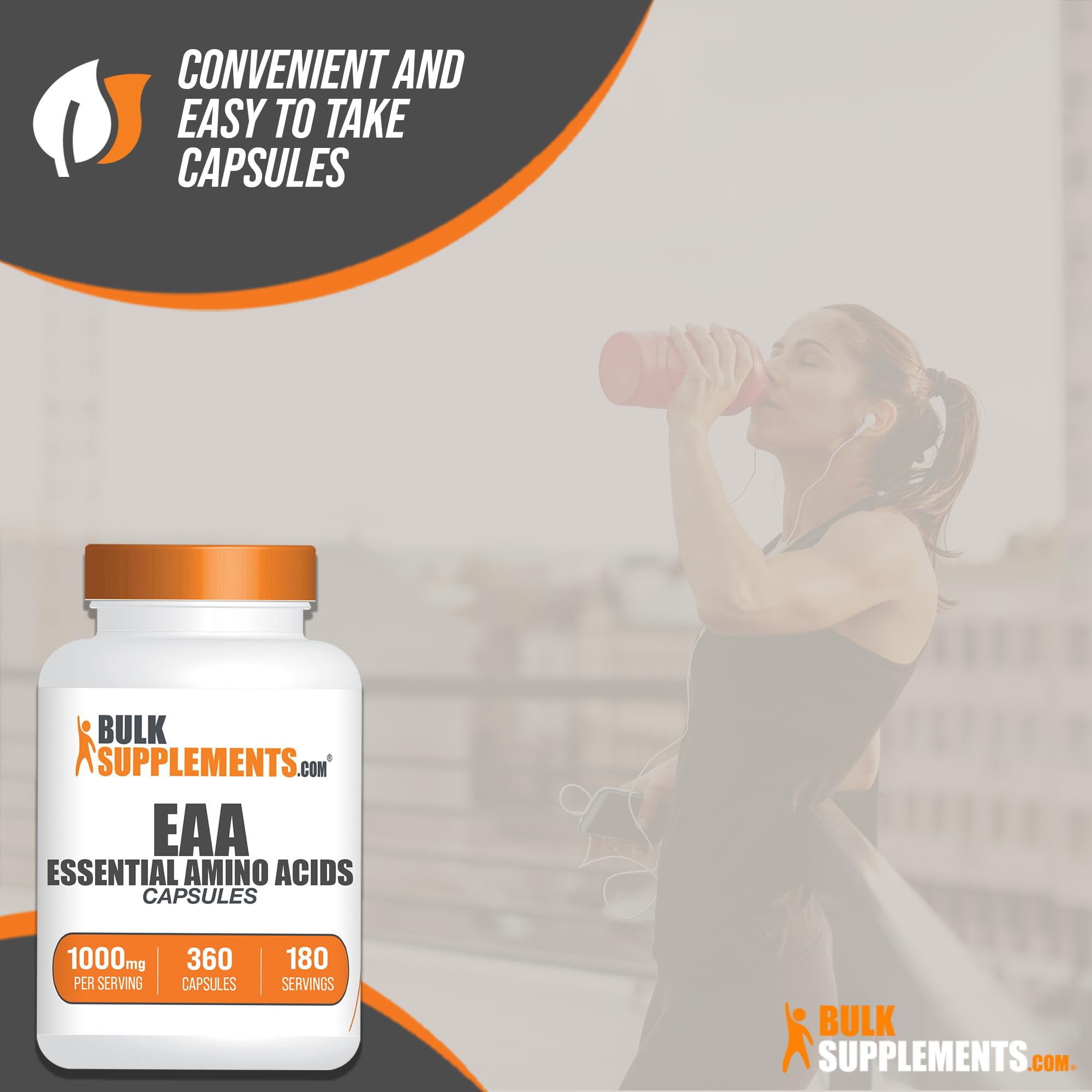 Bulksupplements EAA capsules, étiquette et dosage clairement indiqués.