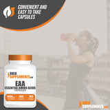 Bulksupplements EAA capsules, étiquette et dosage clairement indiqués.