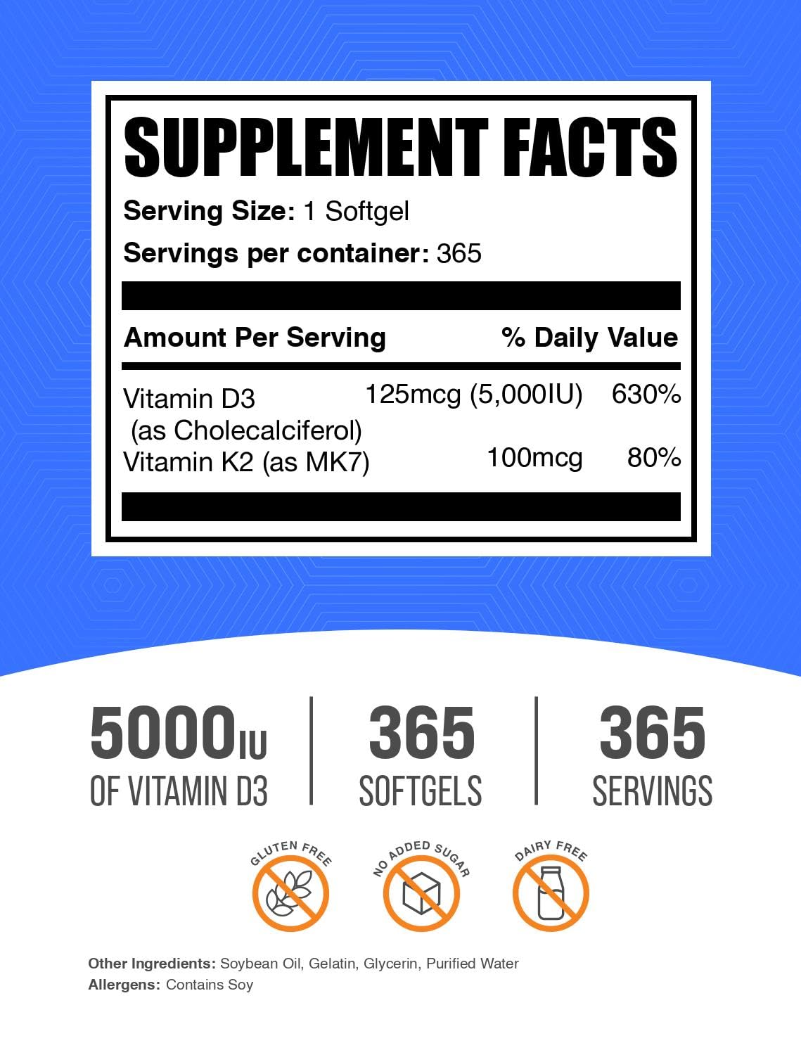 Bulksupplements D3-K2, étiquette claire affichant le dosage quotidien recommandé.