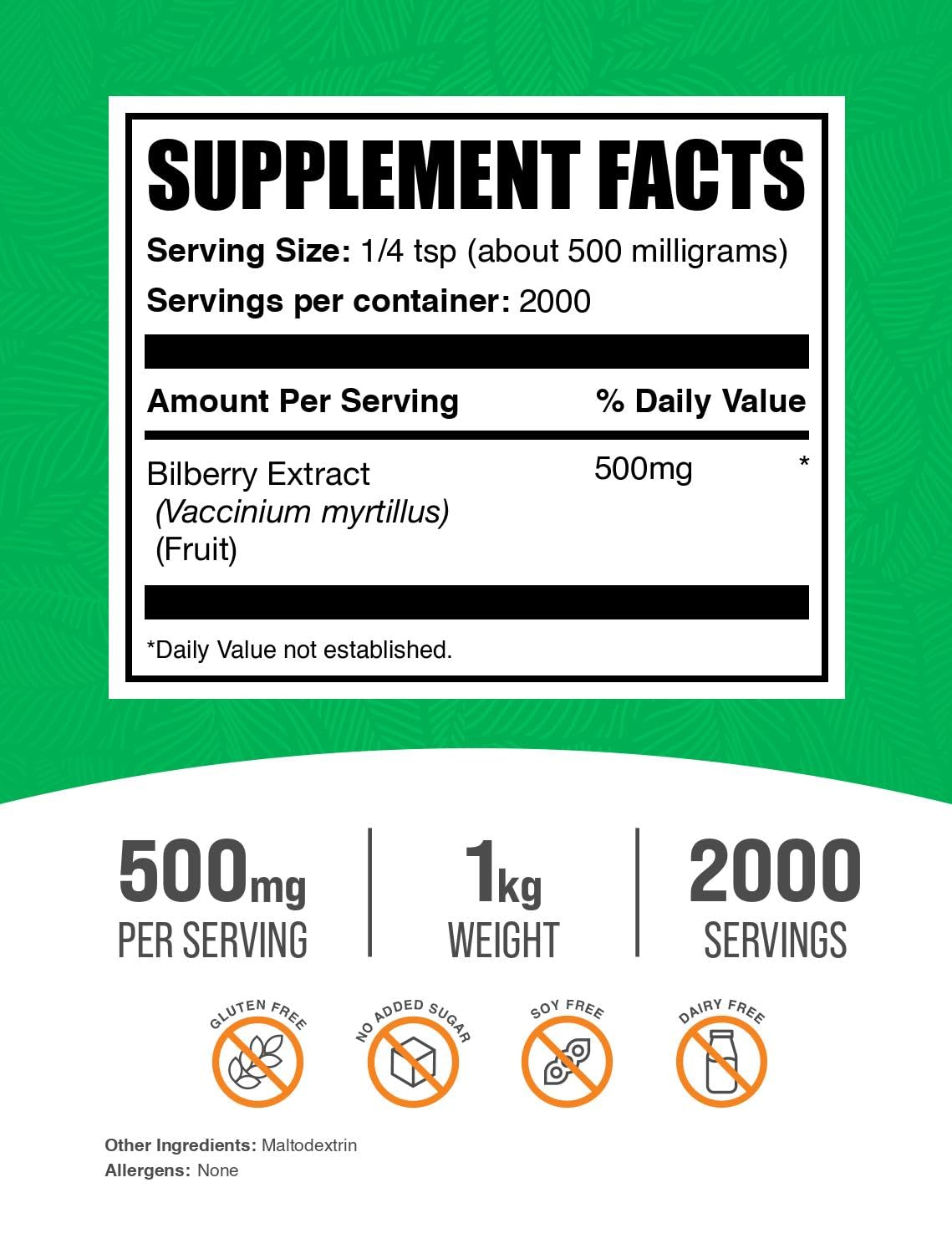 BulkSupplements Bilberry Extrait Poudre avec dose pratique pour boissons.