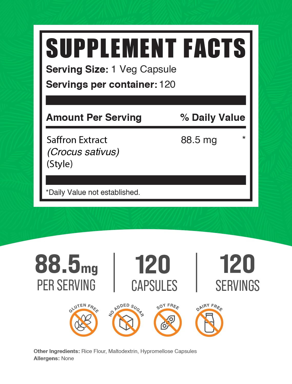 Capsules véganes BulkSupplements d’extrait de safran, prêt à l’emploi.
