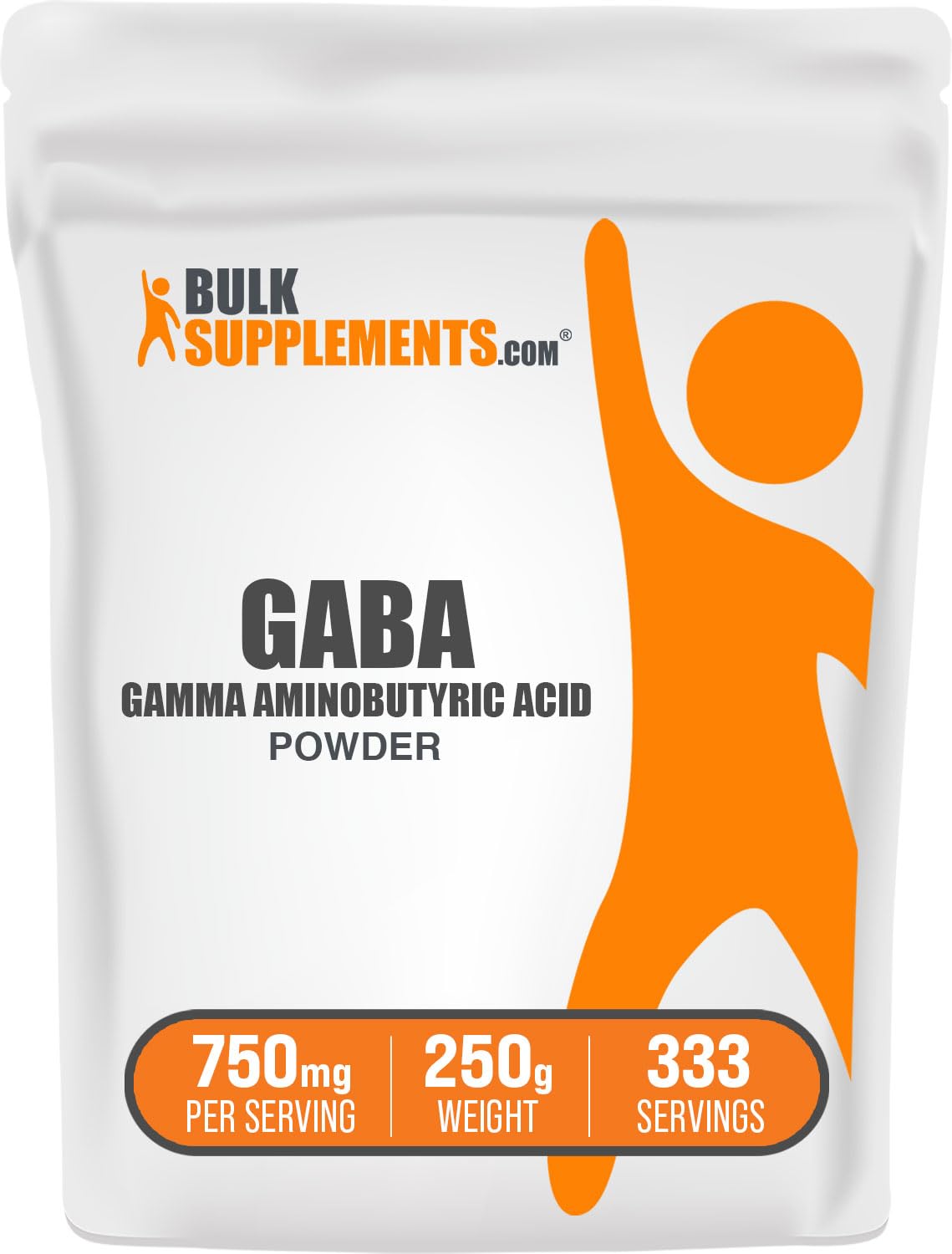Poudre GABA BulkSupplements 750 mg en bouteille, usage quotidien facile.