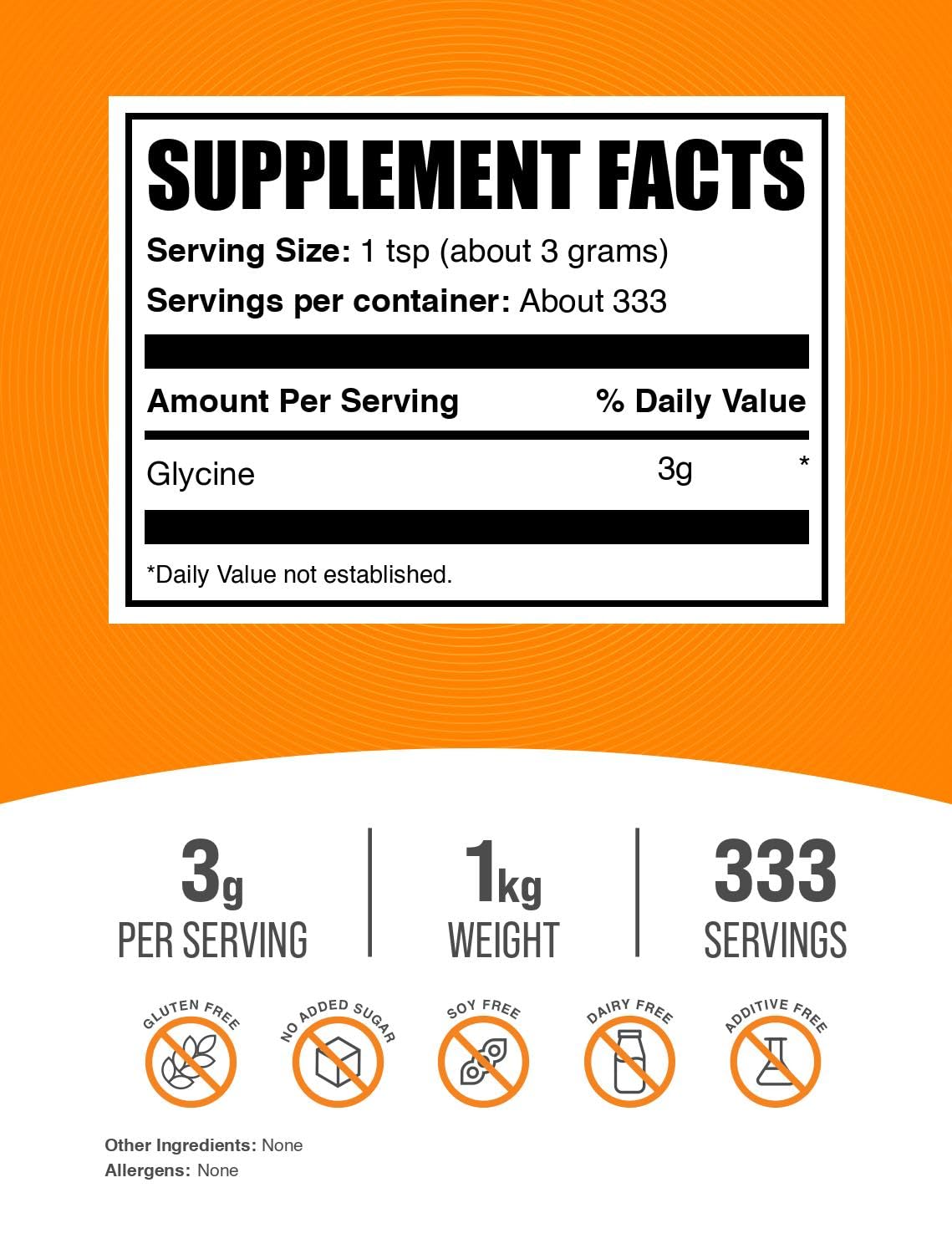 Glycine BulkSupplements – poudre non aromatisée, facile à intégrer dans vos boissons.