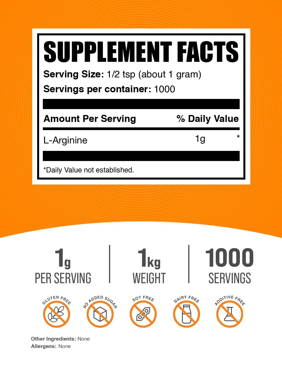 BulkSupplements L-Arginine en poudre, dose mesurée pour chaque portion.