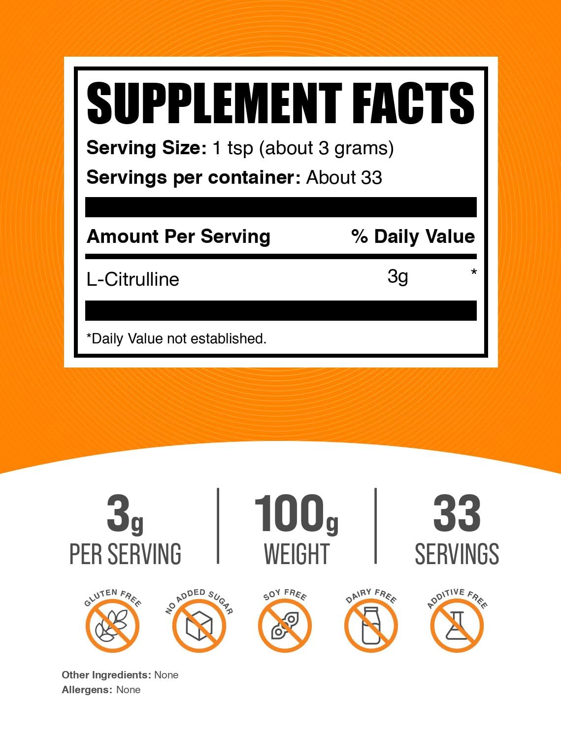 Dose quotidienne de 3 g de Citrulline BulkSupplements prête à l'emploi