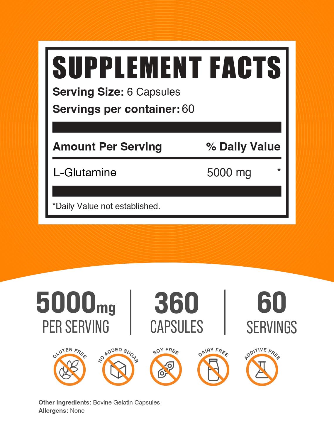 Gélules BulkSupplements L-Glutamine, dose 5000 mg pour sessions d'entraînement.