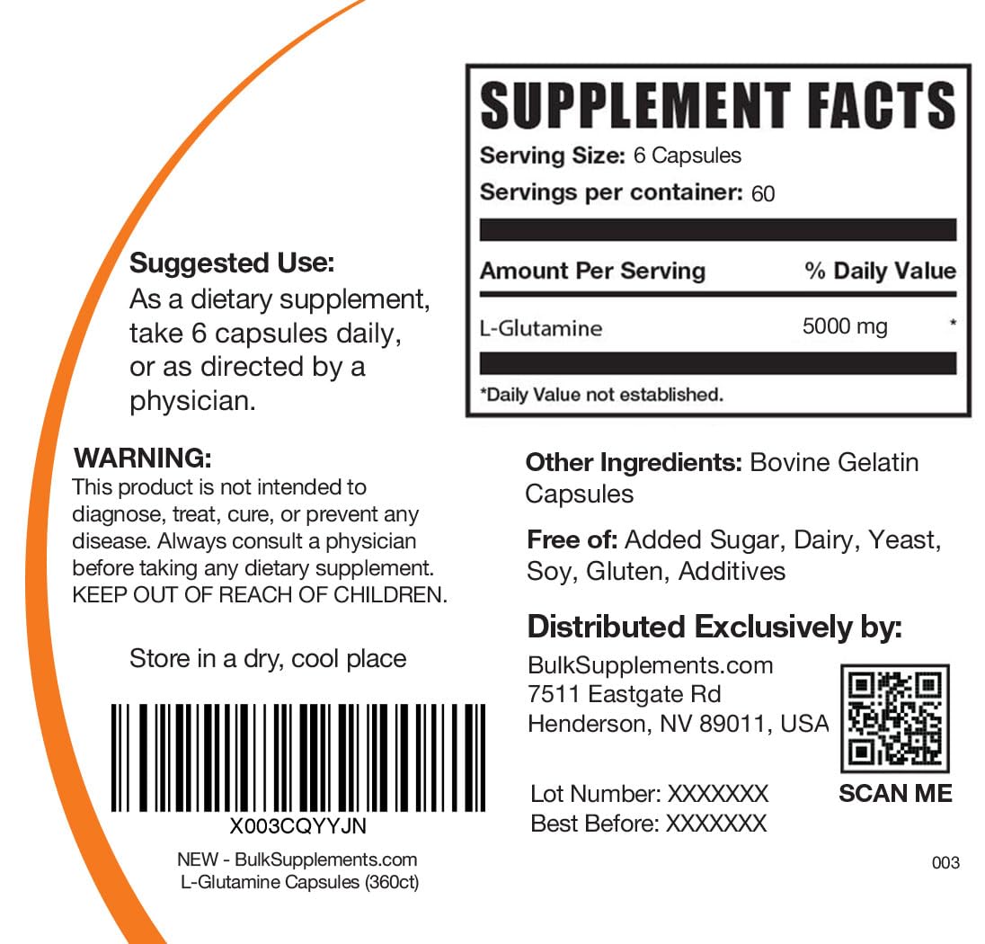 Qualité et transparence BulkSupplements L-Glutamine, contrôle et conformité visibles.