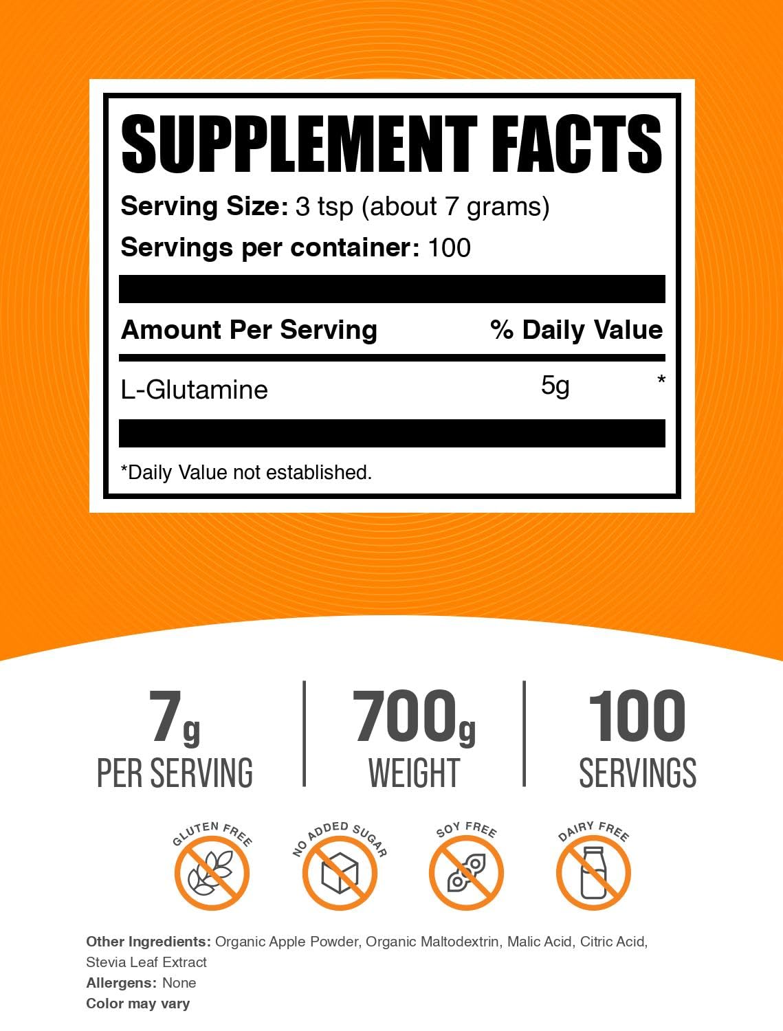 Bulksupplements L-Glutamine poudre cuillere-dose, mesure précise pour chaque séance.