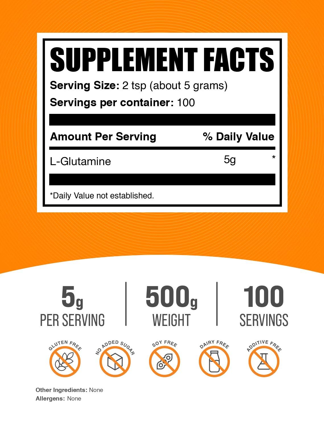 Bulksupplements L-Glutamine, doseur 5 g, facilité d'intégration dans les shakes.