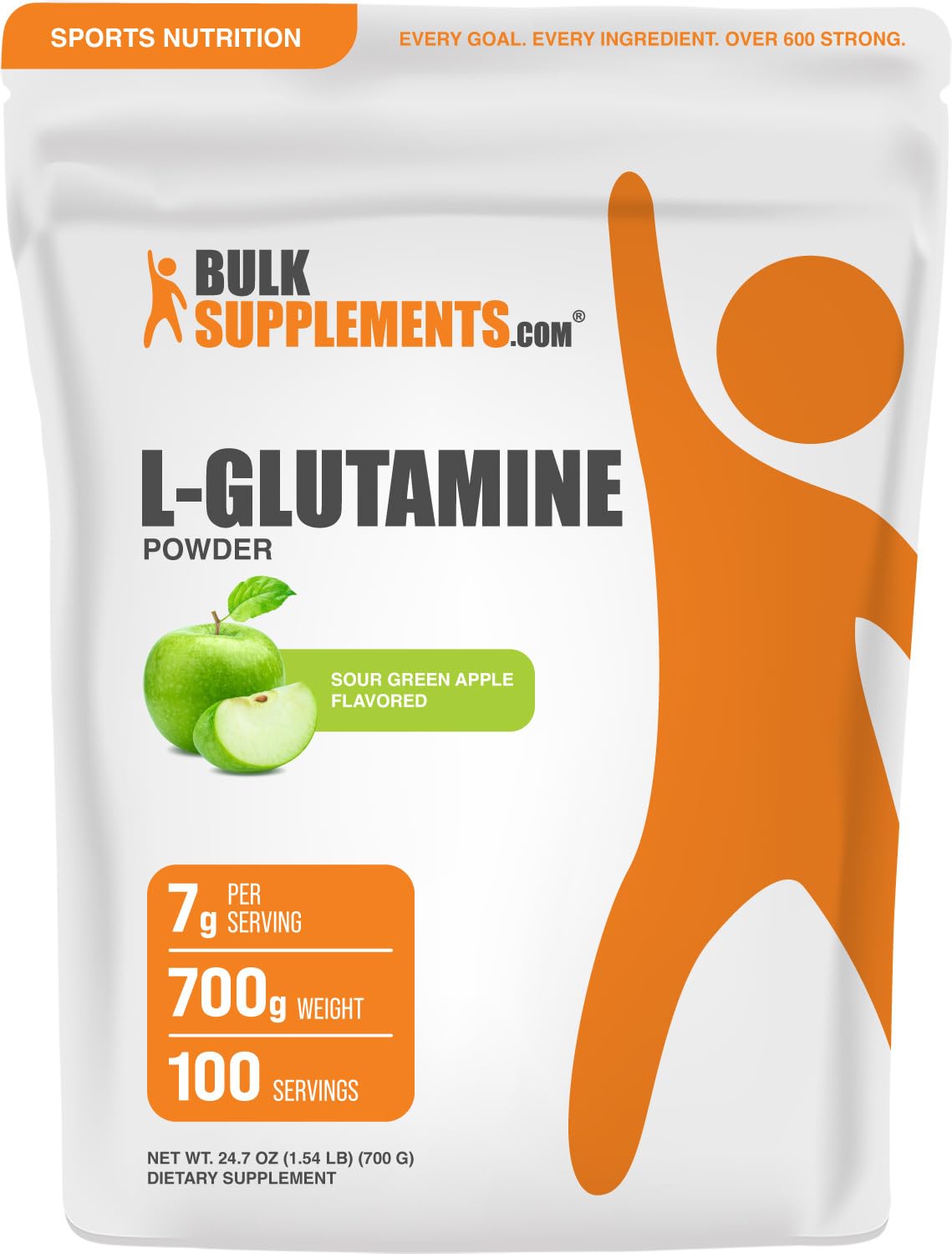 Bulksupplements L-Glutamine poudre flacon pomme verte acidulée, pratique après entraînement.