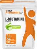 Bulksupplements L-Glutamine poudre flacon pomme verte acidulée, pratique après entraînement.