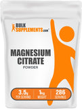 BulkSupplements Magnesium Citrate poudre, emballage 1 kg, dissolution aisée dans l'eau.