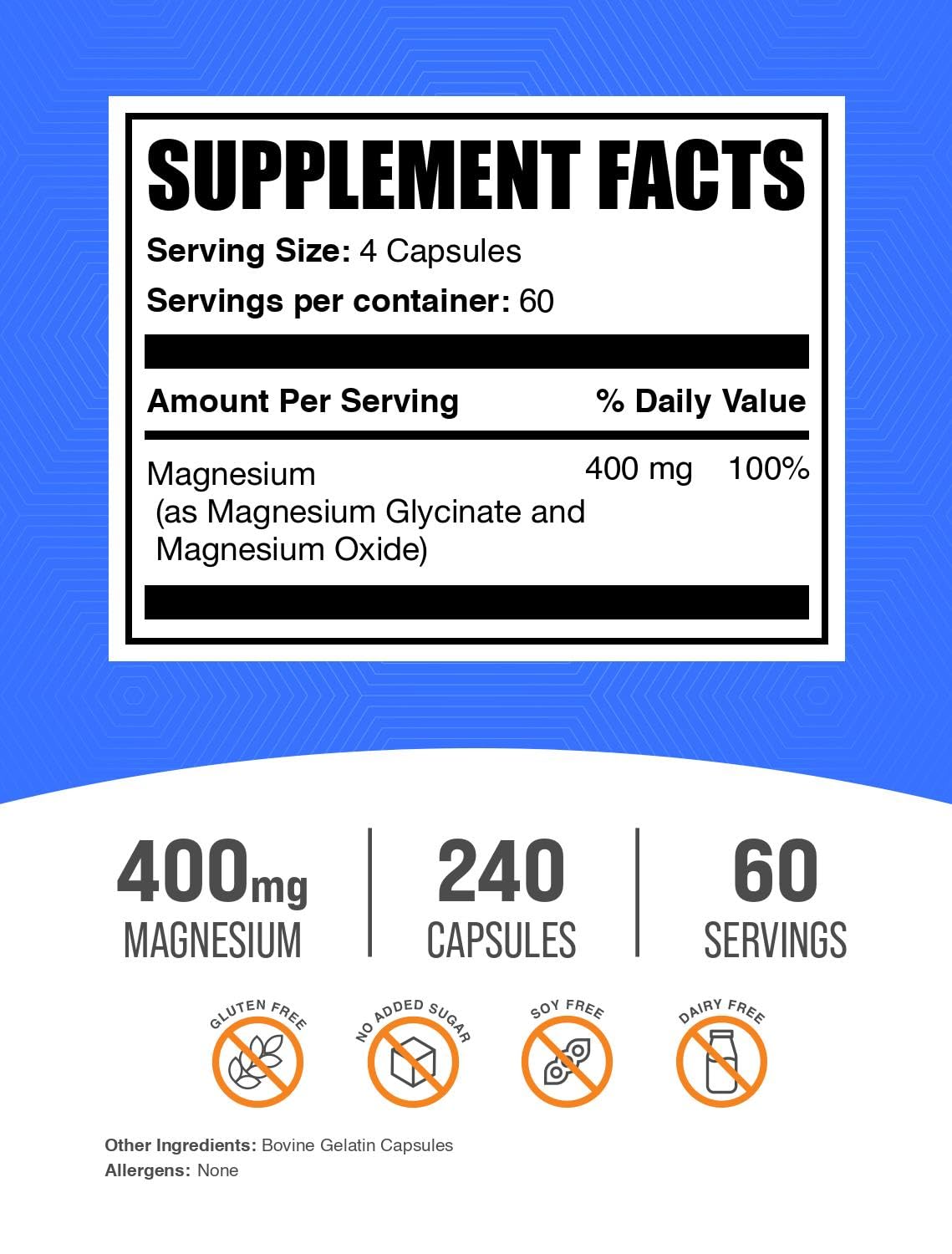 Bulksupplements Magnésium Glycinate Capsules, dosage de 400 mg par portion.