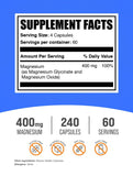 Bulksupplements Magnésium Glycinate Capsules, dosage de 400 mg par portion.