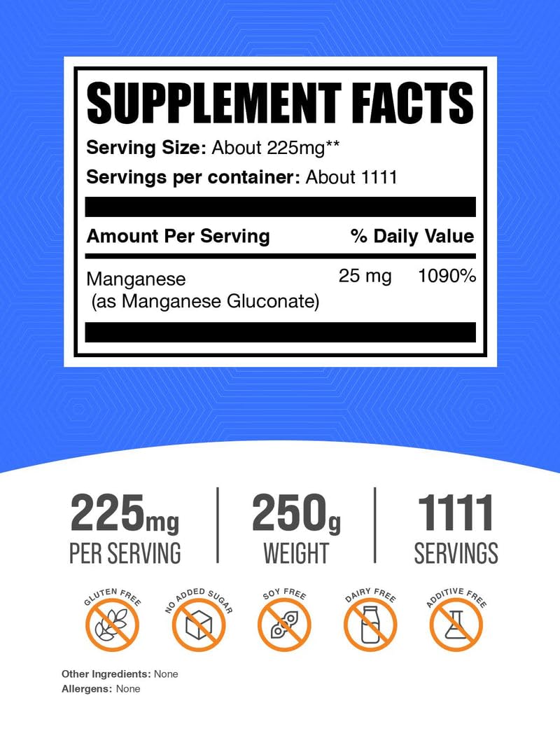 BulkSupplements Manganèse gluconate en poudre, doseur – dose précise pour chaque prise.