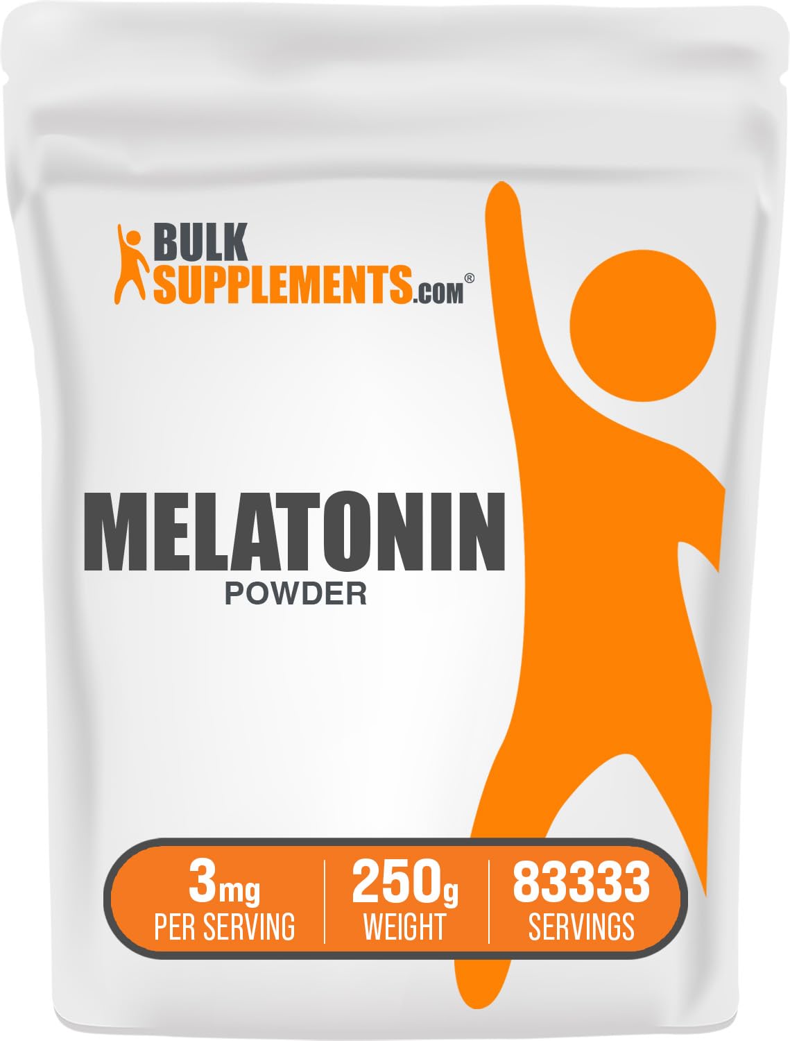 Mélatonine BulkSupplements en poudre, flacon fermé, soutien potentiel au rythme veille-sommeil