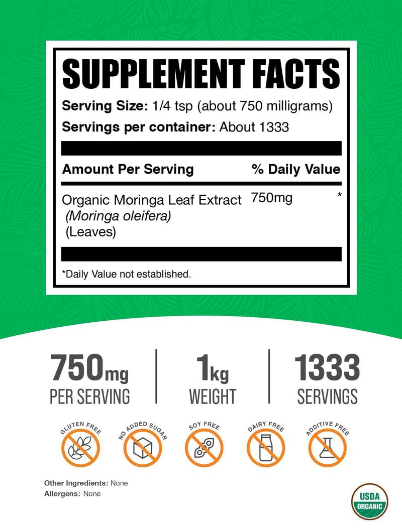 BulkSupplements Moringa Extrait Poudre, utilisation quotidienne facile dans boissons et repas.