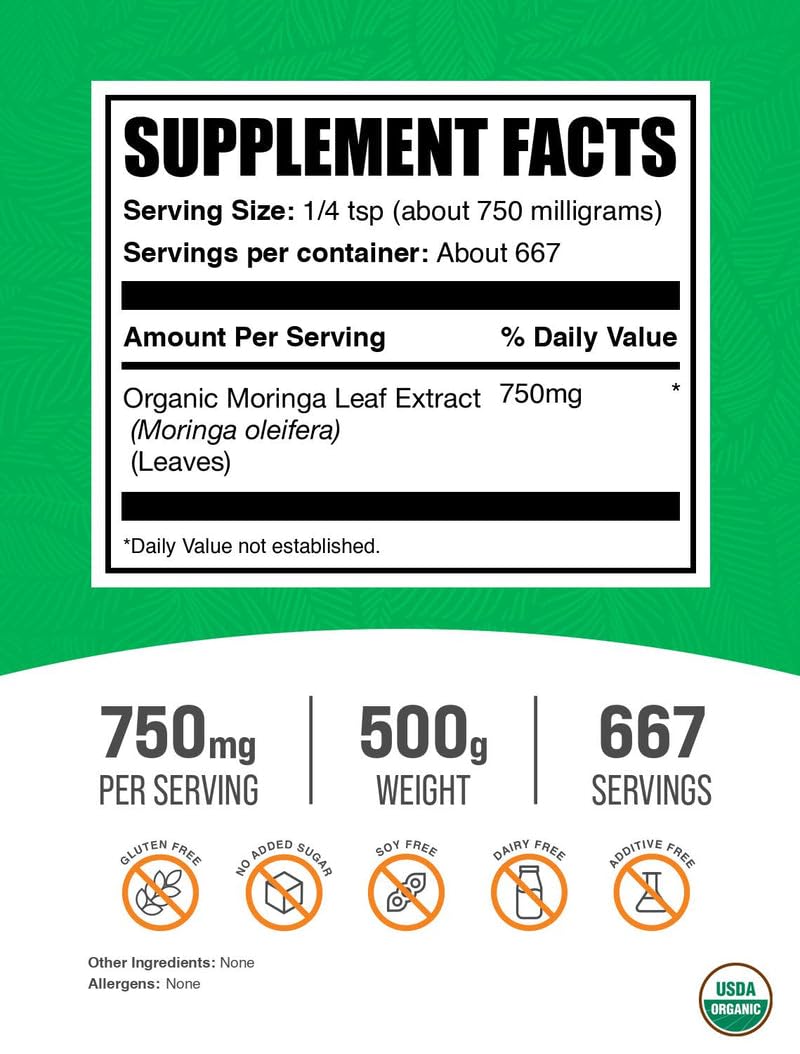 BulkSupplements Moringa Extrait Poudre avec doseuse pratique pour dosage rapide.