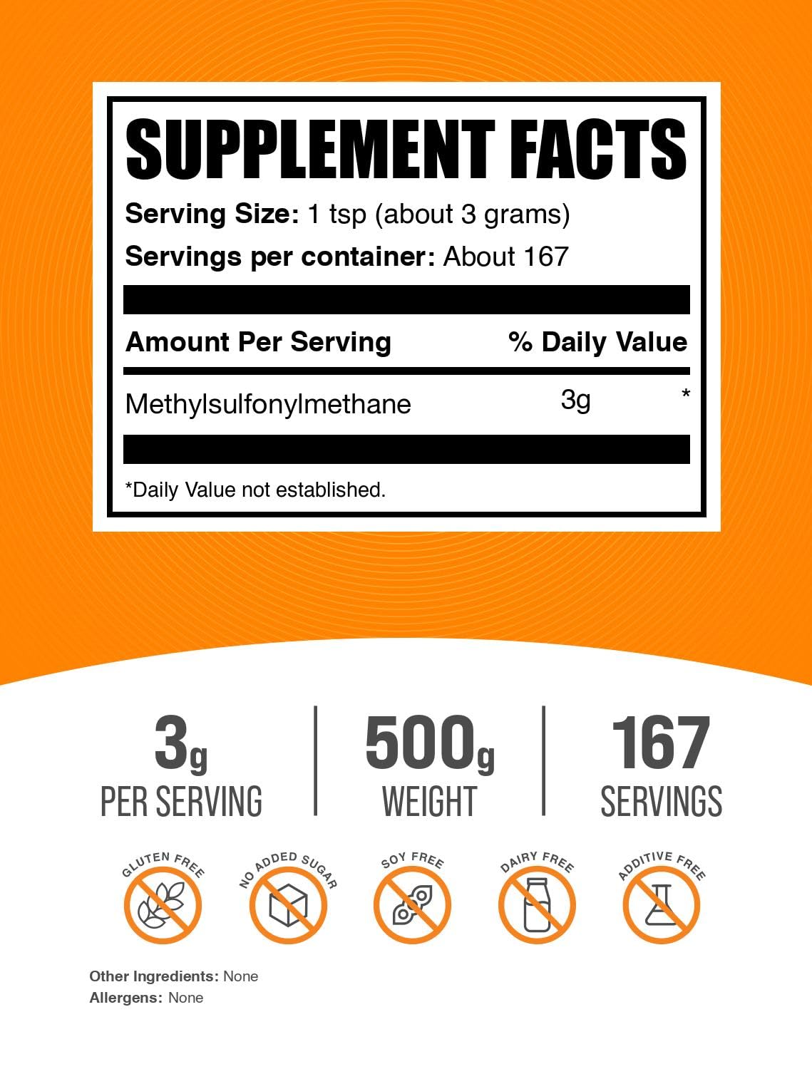 Bulksupplements MSM poudre 3000mg prête à mélanger.