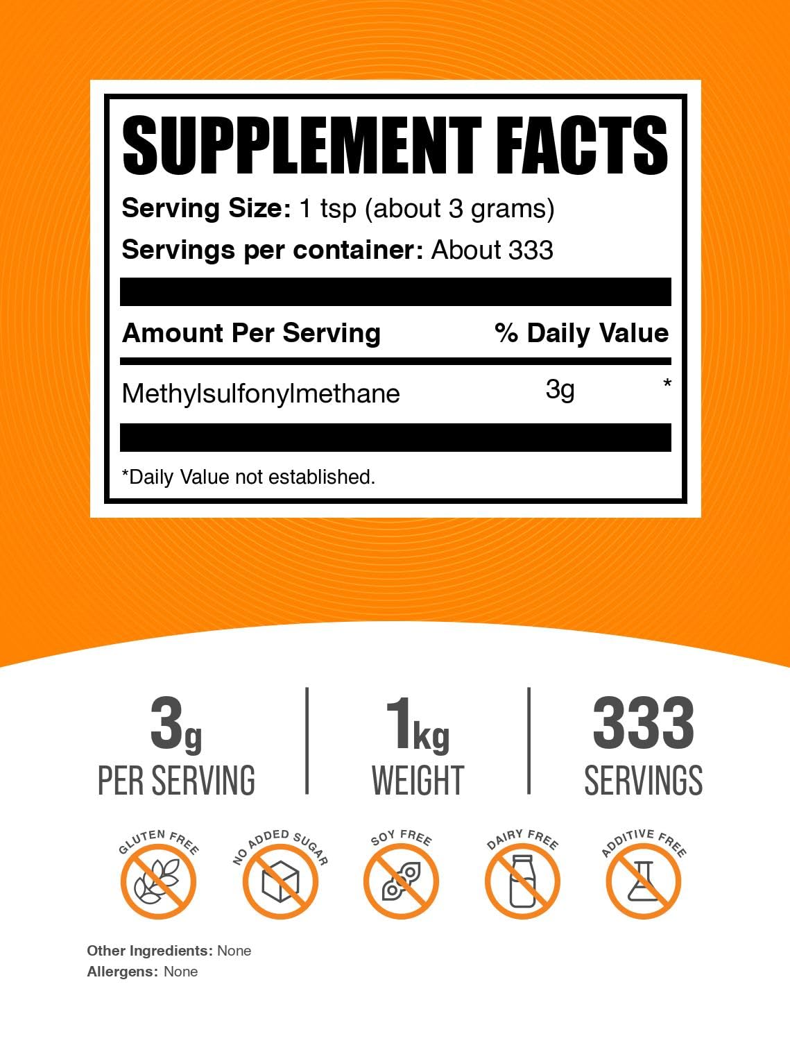 Bulksupplements MSM Poudre sans arômes, facile à ajouter à vos shakes.