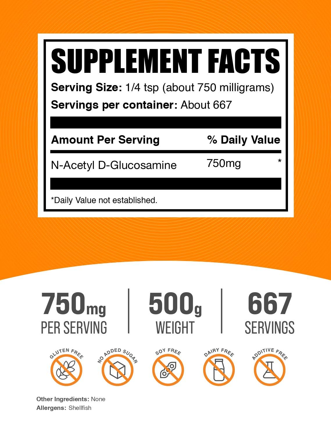 Emballage BulkSupplements N-acétyl glucosamine, pratique et facile à stocker.