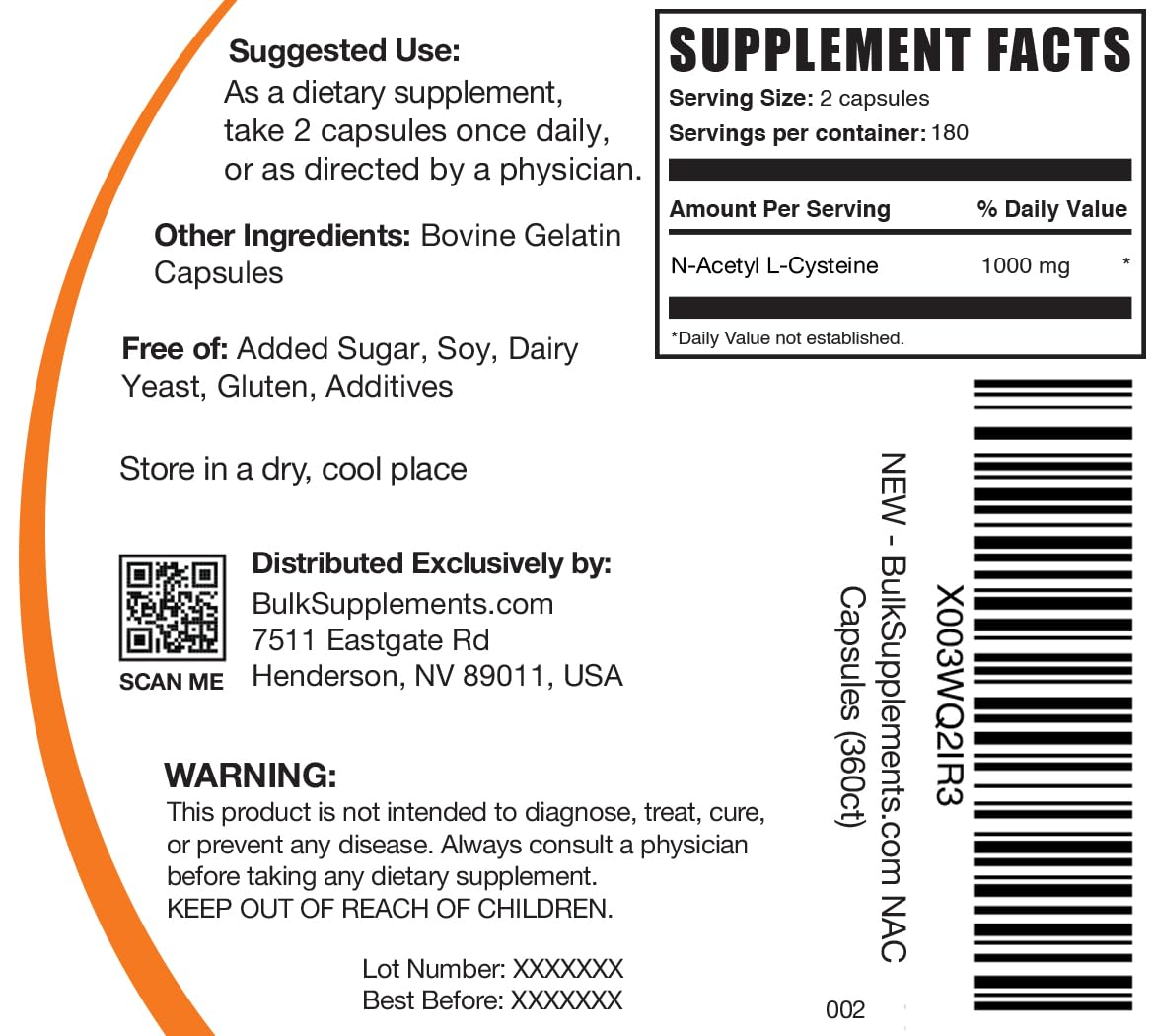 Bulksupplements N-acétyl-L-cystéine 1000 mg – fiche produit claire et guide d’utilisation.