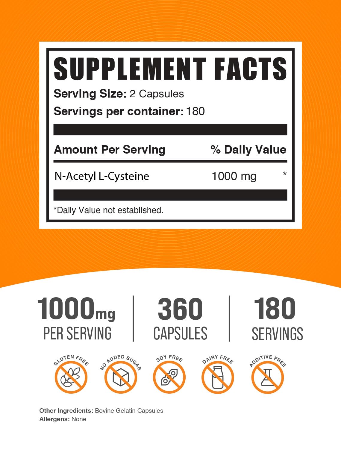 Bulksupplements N-acétyl-L-cystéine 1000 mg, emballage clair et dosage facile.