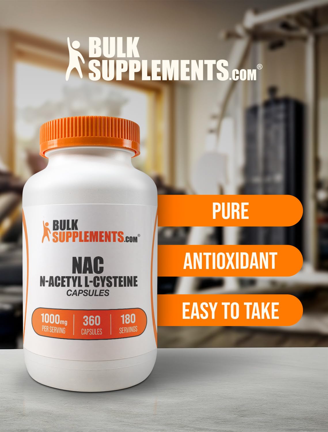 Bulksupplements N-acétyl-L-cystéine 1000 mg, étiquette lisible et traçabilité assurée.